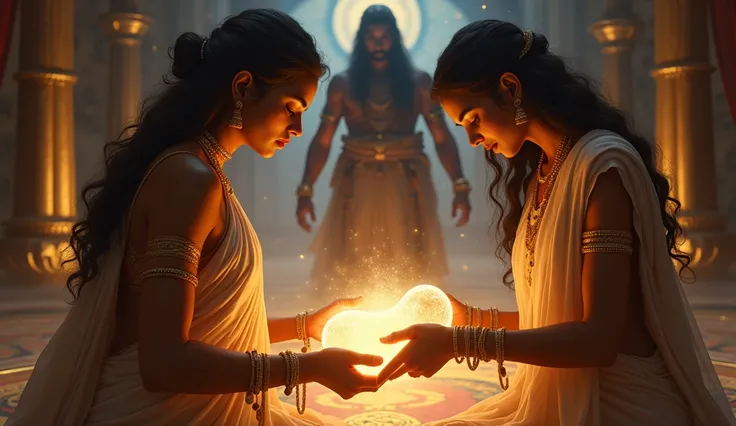 "A mystical scene where a glowing fetus is transferred from the womb of Devaki to that of Rohini. Kamsa, standing menacingly in the background, watches as divine light surrounds the transfer."
