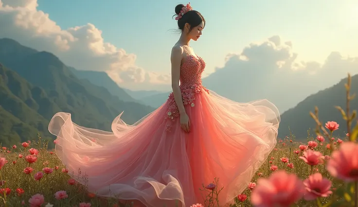 a Vietnamese woman with big breasts, wearing a dress made of flowers, under her feet and behind her is a forest of blooming flowers, with all kinds of colorful flowers,
on the distant mountains are mountains with white clouds swirling around, wearing a gor...