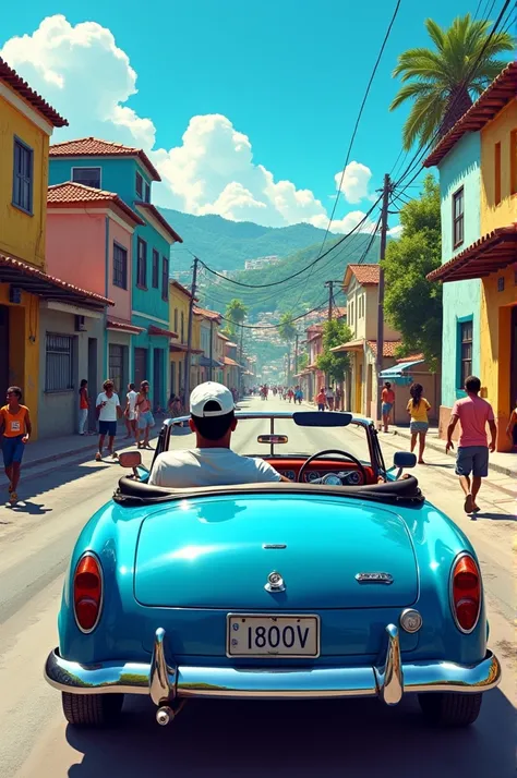 A scene of a blue convertible car driving through a city during the day, with the clear blue sky and no clouds. Inside the car is DJ DR BOLADÃO, a dark-skinned man wearing a white cap. The surrounding landscape is made up of slums with simple houses climbi...