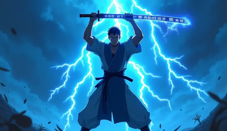 Kaito, an anime character and martial arts master, displays an athletic physique and an impressive V-shaped silhouette, while standing in a badass pose facing the camera, in a vibrant blue setting. With one leg slightly forward and the magical katana raise...