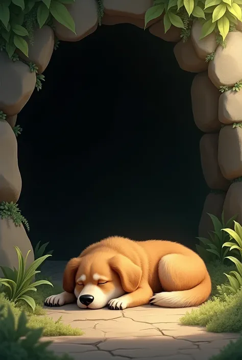 sleeping dog in front of a cave