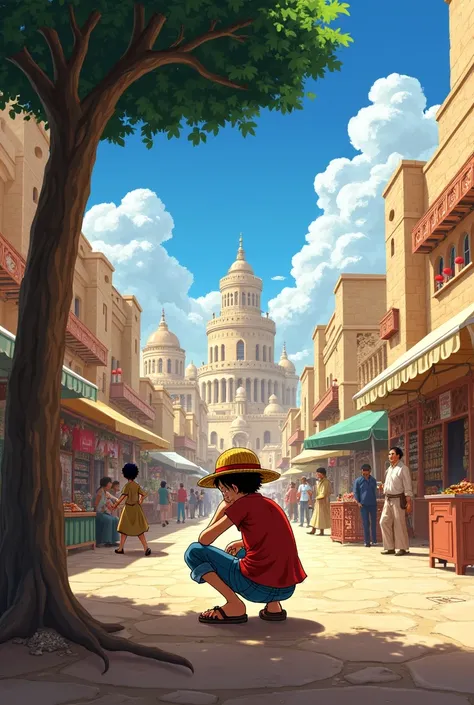 Luffy crouches under the tree, One Piece character，An exotic desert city scene, with ancient walled and domed buildings standing tall in the hot desert, market vendors selling spices and handicrafts, and enthusiastic citizens and tourists weaving through t...