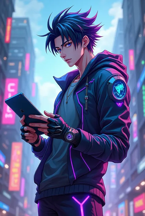 Design an anime-style male character with dynamic, spiky hair and futuristic tech-inspired clothing. His outfit should feature glowing neon accents, with electric blue, purple, and metallic silver highlights. The character should have sharp, intelligent fe...