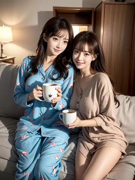 Two  women. Inside.home.room (8k) .Night sky) . (star pattern)Pajama  .starrysky. Selfee shot . TeddyBear.  Brown hair.  mug cup. Line-up Sit sofa.cgstationでトレンド, オルチャン, artwork in the style of グウェイズ. (Stoking). Colorful