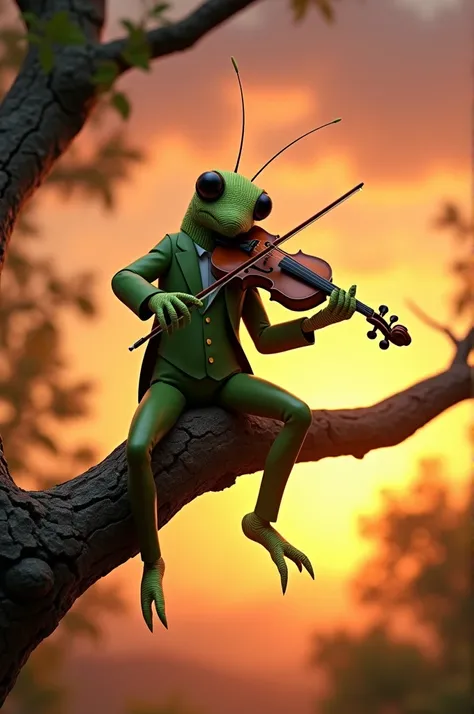 Create an image of a cricket wearing a green suit playing the violin on a tree branch at sunset 