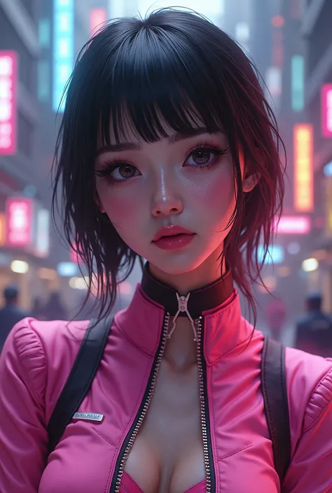 Very cute face, Wearing a pink cyberpunk outfit, A very detailed pink set, Body details (Reality: 1.4), (Hyper-realism), (High resolution), (8k), (High Detail), ( Best illustrations), (Fine eyes), (Very detailed), Bright lighting, Professional lighting, Th...