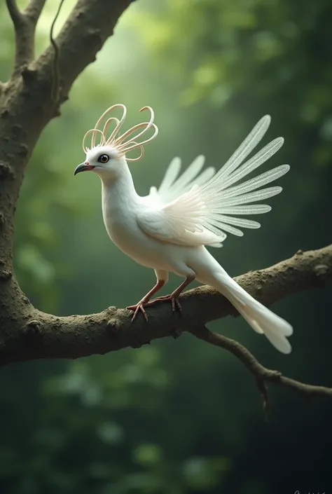 White bird on a tree, bird with thin Fins coming out of left and right wings in a spiral shape