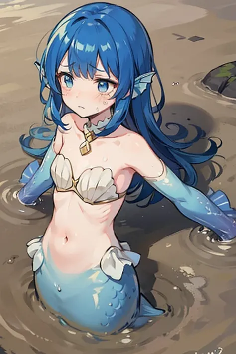 (mermaid)、、child、flat chest、shell breastplate、blue hair、(i sank up to my stomach in quicksand.)、buried arms、main upper body、larg...