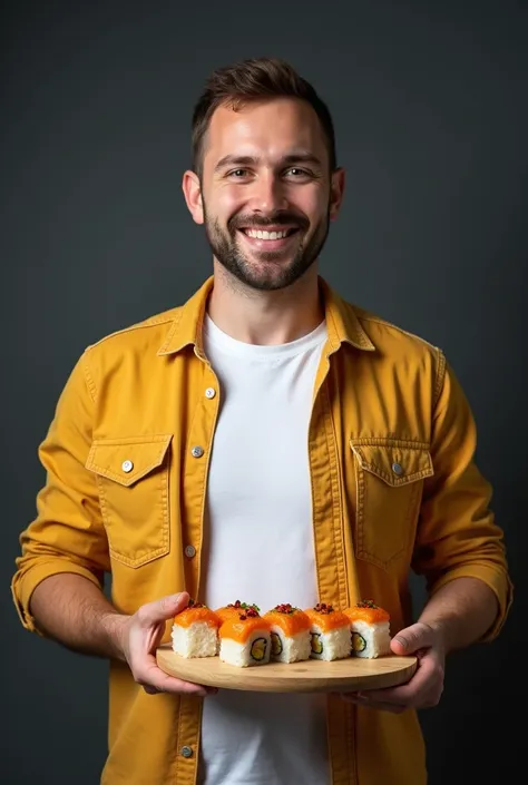 Realistic photo just below the chest, which depicts a guy, with a round face, 3, smiles, no stubble, in a white T-shirt and a yellow denim shirt on top, holds a round wooden board with delicious Japanese rolls in his hands just above his chest, professiona...