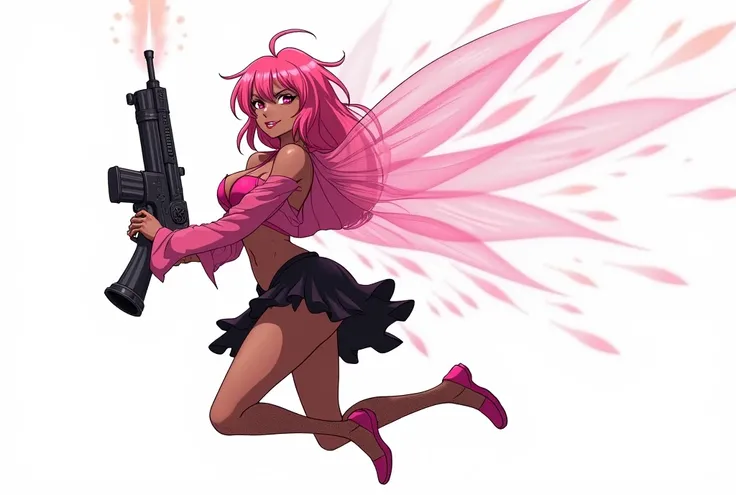 make it in anime style and with a white background, a beautiful woman, with dark skin, pink eyes, with a seductive smile, with pink hair, with fairy wings, she wears a dark pink bikini, she wears a transparent pink jacket on top, a black skirt,, she wears ...