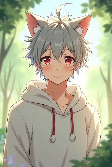 man、Handsome、natural、Fair skin、Gray Hair、Mash Hair、Ahoge on the top of the head、Red Eyes、Cat ears、round face、Cat&#39;s Mouth、Red ribbon string、White hoodie、smile、anime、Mafumafu