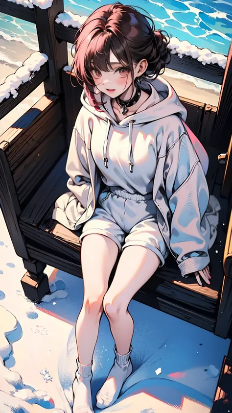 a girl,fourteen years old ,brown long hair with pinks,white skin,wearing an oversized hoodie,white mini short pants,wearing a sexy leg ring:1.8,sport white socks,very thin legs,skinny legs,slim,skinny,on the snow