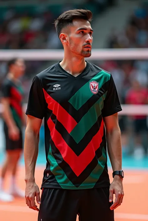 Men&#39;s volleyball report that has black colors, Red and green with straight designs The shirt with short sleeves and v-neck 
