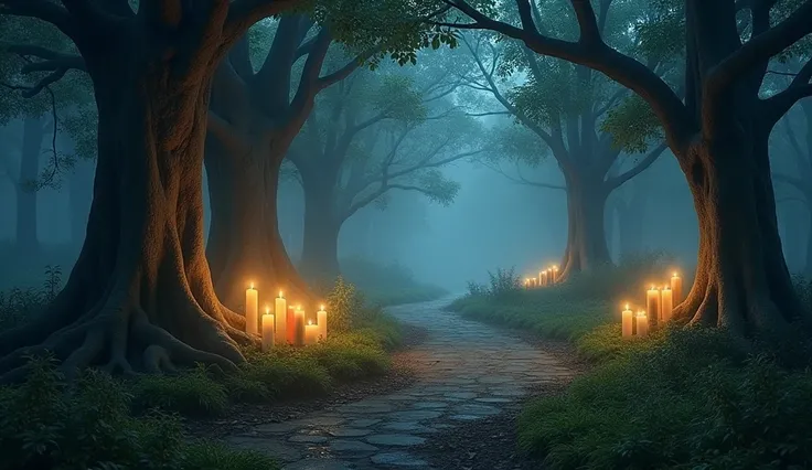 Create a peaceful, mystical forest background at dusk with warm, soft lighting. The scene should include tall, ancient trees with thick roots and low-hanging branches, casting gentle shadows. Candles of varying sizes are placed among the foliage, emitting ...