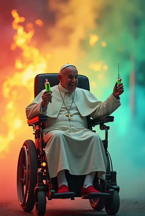 (realistic, photo-realistic:1.4), (best quality, masterpiece), high resolution, intricate details, extremely detailed, cinematic lighting, full body, solo, (a famous man, Pope Francis) in electric wheelchair, religious white cassock, a large syringe with a...