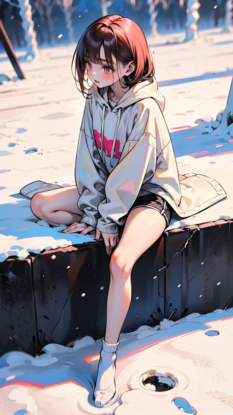 a girl,fourteen years old ,brown long hair with pinks,white skin,wearing an oversized hoodie,white mini short pants,wearing a leg ring:1.8,sport white socks,very thin legs,skinny legs,slim,skinny,on the snow