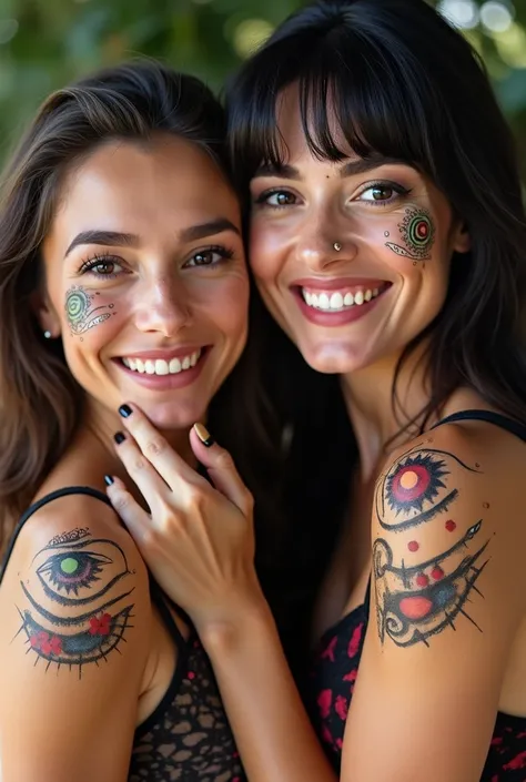 Selfie of a 2 white woman with nails on her skin , Venezuelan woman, fringe, smile, by black