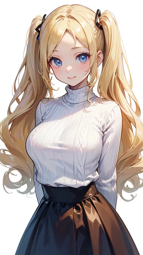 (((((smile、arms behind back:5.0、Obese:5.0、Curly hair twin tails:20.0、High neck knit sweater:20.0、High waist flare skirt:20.0、super long hair)))))、(((forehead、white blond hair:1.3、cowboy shot:1.3、A calm face、long hair、Northern Europe、White、beautiful girl、Wh...