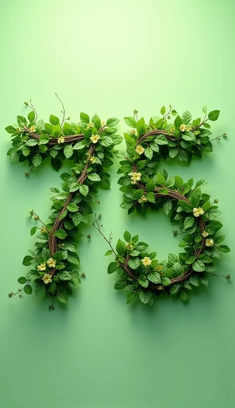 A detailed and vibrant botanical photograph with the phrase "75" written in flowing, green vines with lush leaves and small blossoms. Dewdrops cling to the leaves, reflecting light like tiny jewels. The letters have an organic feel, slightly intertwined, a...