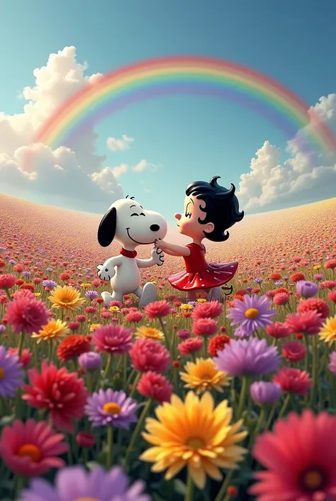 A large sea of flowers，There is a rainbow in the distance，Snoopy drags bettyboop in the sea of flowers