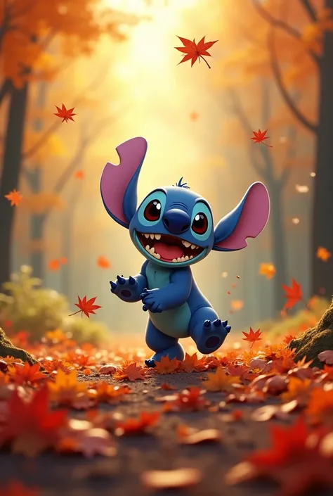 Stitch joue dans les feuilles 