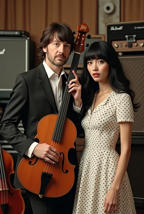 (photorealism:1.2), paul mc cartney with bangs,carrying a Höfner 500 type bass/1 Violin Bass, standing with a black haired woman, wearing a white polka dot dress. set in a music studio 