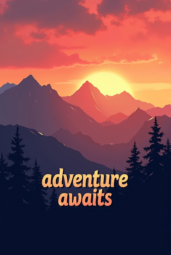 A silhouette of a mountain range with a sunset gradient, accompanied by the phrase "Adventure Awaits" in a vintage font.