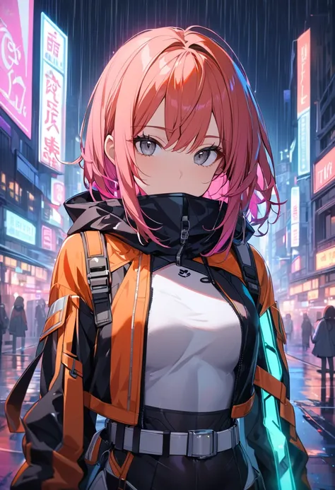 Portrait of one girl, Beautiful Face, Asymmetrical Hair, Colorful hair, belt, Bodysuits, Covered my mouth, Covered navel, Removable sleeves, Grey Eyes, Hip vents, Open jacket, cute, View the viewer, Night City, neon, rain,