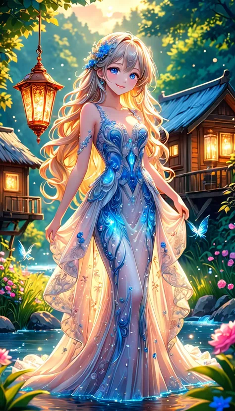 Anime Girl Beauty, ideal anatomy, Bright,  She is wearing a flowing, transparent light BEIGE SILVER embroidery gown that looks like its made of delicate glass or crystal, adorned with intricate floral patterns and luminous beads and flying CRYSTAL lantern ...