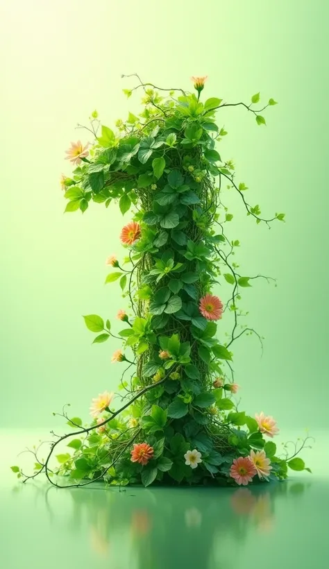 A detailed and vibrant botanical photograph with the phrase "1" written in flowing, green vines with lush leaves and small blossoms. Dewdrops cling to the leaves, reflecting light like tiny jewels. The letters have an organic feel, slightly intertwined, as...