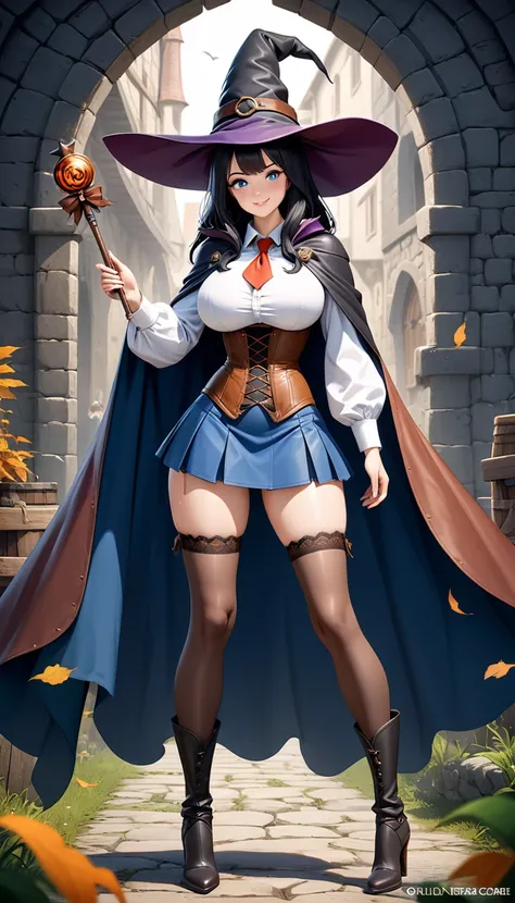 A woman witch, sexy body, big breasts, blue eyes, long black hair, smiling, beautiful eyelashes, beautiful face, witch hat, wand, white shirt, necktie, corset, shirt cape, high heels boots, ((mini skirts)), garter belts, ((stockings)), leather pockets, swe...