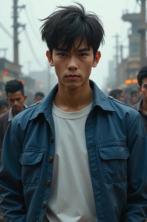 Generate an image of a good looking boy wearing blue jacket over white T-shirt, who is hated by God but still gathers power to survive in his life. He faces injustice from all fronts and unsatisfied in every aspect but still he fights back and survives.