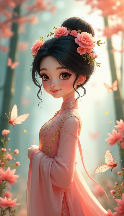 2D animation A whimsical， ethereal digital artwork featuring Lin Daiyu， a young woman with black hair styled in a traditional Chinese updo and adorned with a floral crown. She wears a classic qipao dress with intricate embroidery and exudes cals. -colored ...