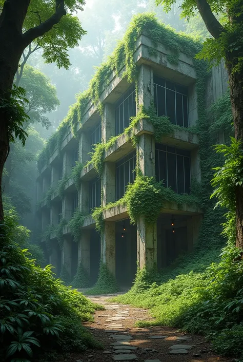 Abandoned laboratory surrounded by jungle