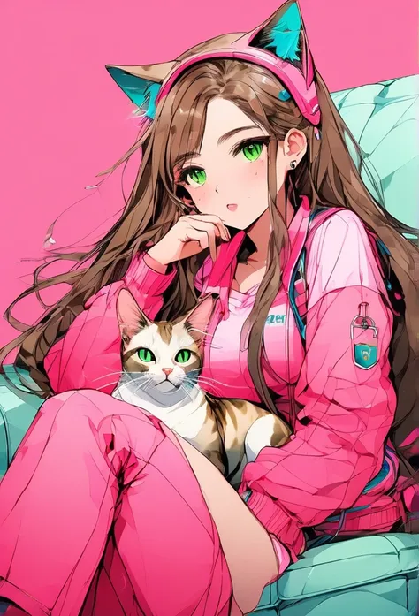 Masterpiece, best quality, centered in frame, portrait, female, tan skin, stressed expression, busty, exhaling smoke, brown eyes, pink full lips, long hair, bright brown hair, couch landscape, green eyes, school uniform, freckles, beautiful, cat ears, teal...