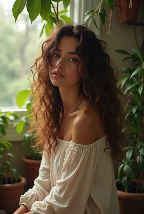 beautiful mackrell, wearing loose off-shoulder top, long curly hair, indoors, soft lighting, plants in background, cozy room, relaxed pose, manga-style, vivid colors