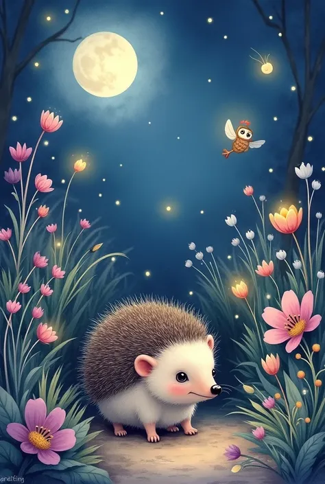 Cartoon watercolor illustration of 1 Hedgehog emerging from his burrow, with a curious expression, while the night garden is illuminated by the moonlight. Fireflies fly among the flowers, and you can see the frog and the owl in the distance. A serene envir...