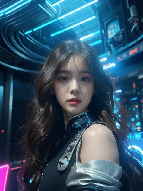 ((realistic)), ((best quality)), ((masterpiece)), (ultra details), 1girl, futuristic, cute face, k-pop idle IVE, messy hair, curly hair, wearing パワードスーツ、mechanical, wearing futuristic clothing, background cyber punk, background neon sign, steam punk, 