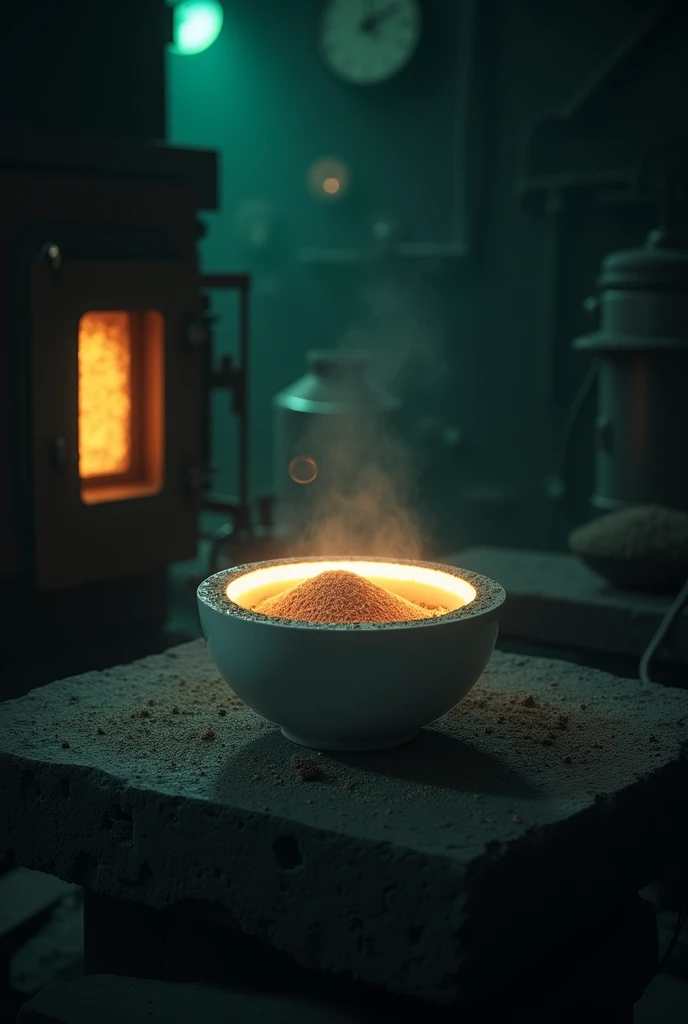 black and green background of chemical analysis of raw fiber inside a porcelain crucible with a muffle furnace and oven in the background