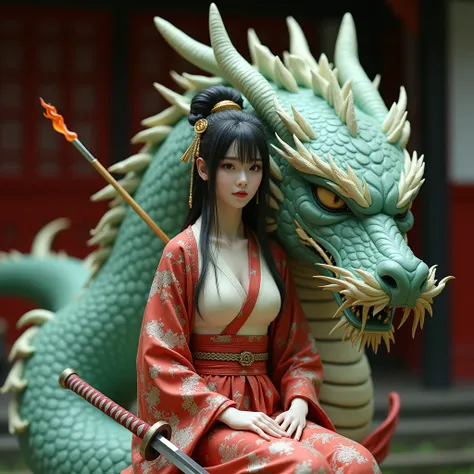 A sculpture representing an imaginary tale featuring an amazon sitting behind a dragons head. The dragons head, seen from the front, is in the foreground. The giant dragon is covered in silky fur with long hairs of a magnificent translucent green color lik...