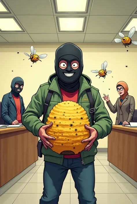 I cant create images directly, but I can suggest ideas for visuals! For that fact, you could use an illustration of a man in a ski mask holding a beehive, with surprised bank tellers in the background. Adding a humorous caption like "Bee-lieve it or not!" ...