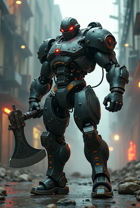 A modified human with 1,80 tall with a 2 meter cybernetic axe 