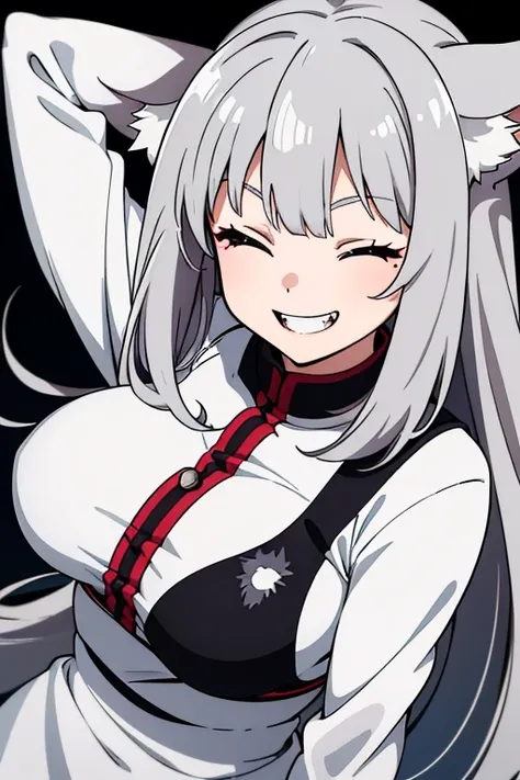 One girl, Wolf Ears, Grey Hair, Wolf Cut,anime,Simple Background, 2D, smile, Half Eye, Highlights,White clothes,one piece,Long Hair, Large Breasts, Smiling with teeth showing, The fangs are sharp, Laughing/A proud laugh, Show your fangs, Eye scars, Closed ...