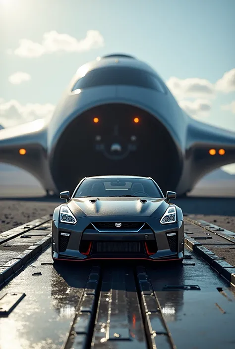 Nissan GTR coming off a spaceship ramp 
