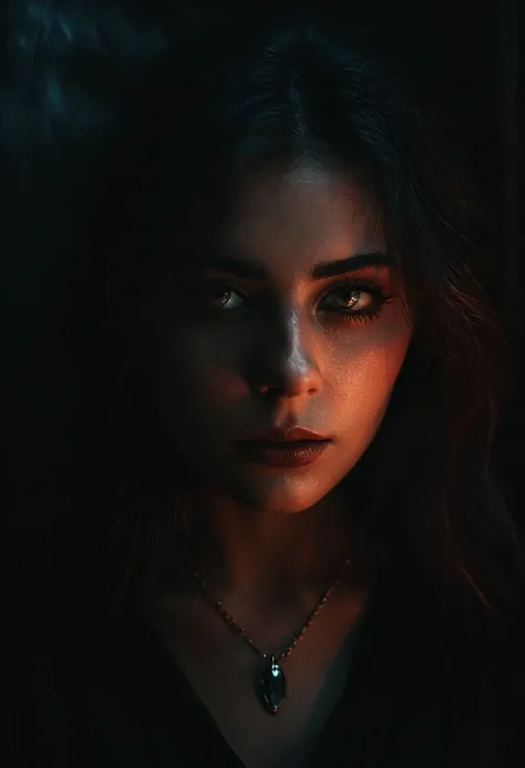 Creepy atmosphere, sinister shades, darkness, dancing shadows, superstitions, cautionary tales. ghost month, 8k uhd, by alessio albi, dust particles, depth of field, by brandon wolfel, close-up of a woman wearing a necklace, beautiful expressive eyes, ultr...