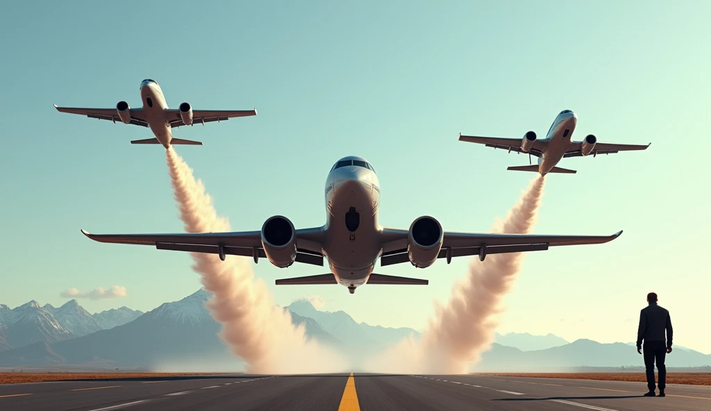 front of a aircraft, background, 9 smaller piper jet, G6 jet, planes fly in formation, leaving trails of smoke against a clear sky, with mountains in the distance and realistic a pilot at the ground