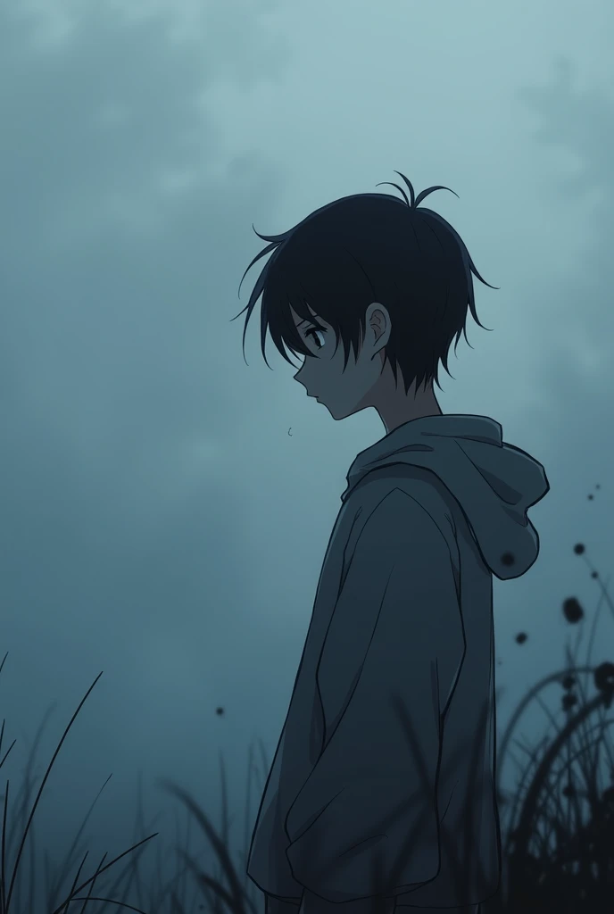 Create an image featuring an boy anime character sitting on one side with their head bowed down, looking sad. The anime character should be smaller, and the background should resemble a serene aria and dark. The photo size should be 4:5. Size 4:5