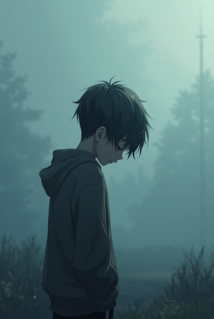 Create an image featuring an boy anime character sitting on one side with their head bowed down, looking sad. The anime character should be smaller, and the background should resemble a serene aria and dark. The photo size should be 4:5. Size 4:5