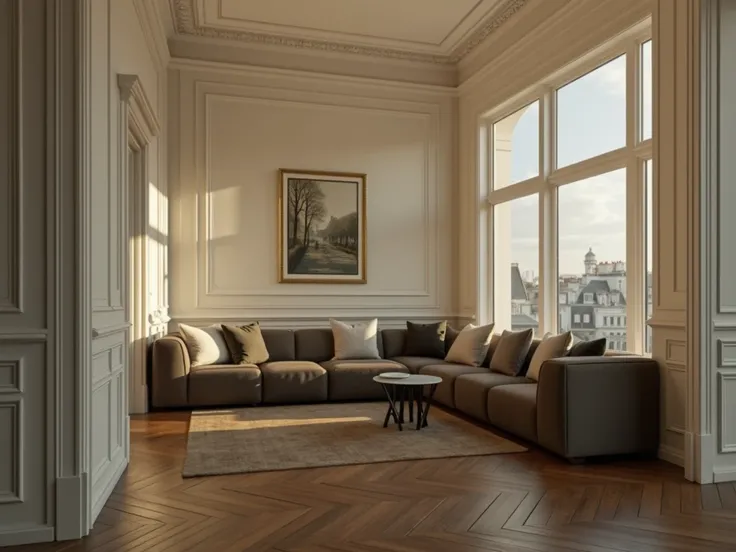 The floor in this photo is herringbone、Transform your walls into a Parisian Haussmann style。