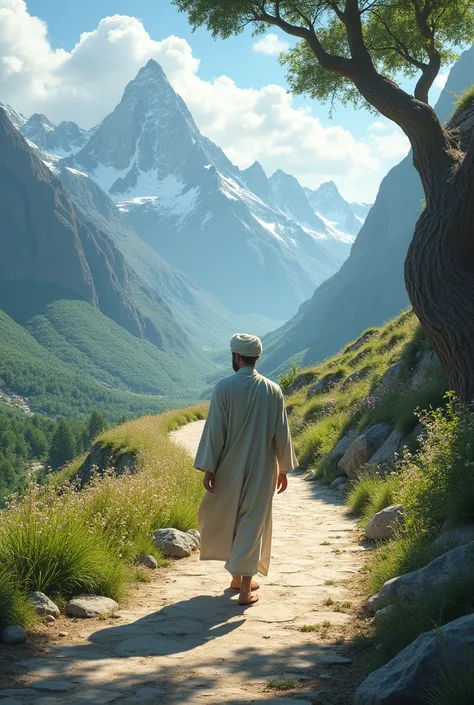 a Muslim man walking away on a beautiful long road